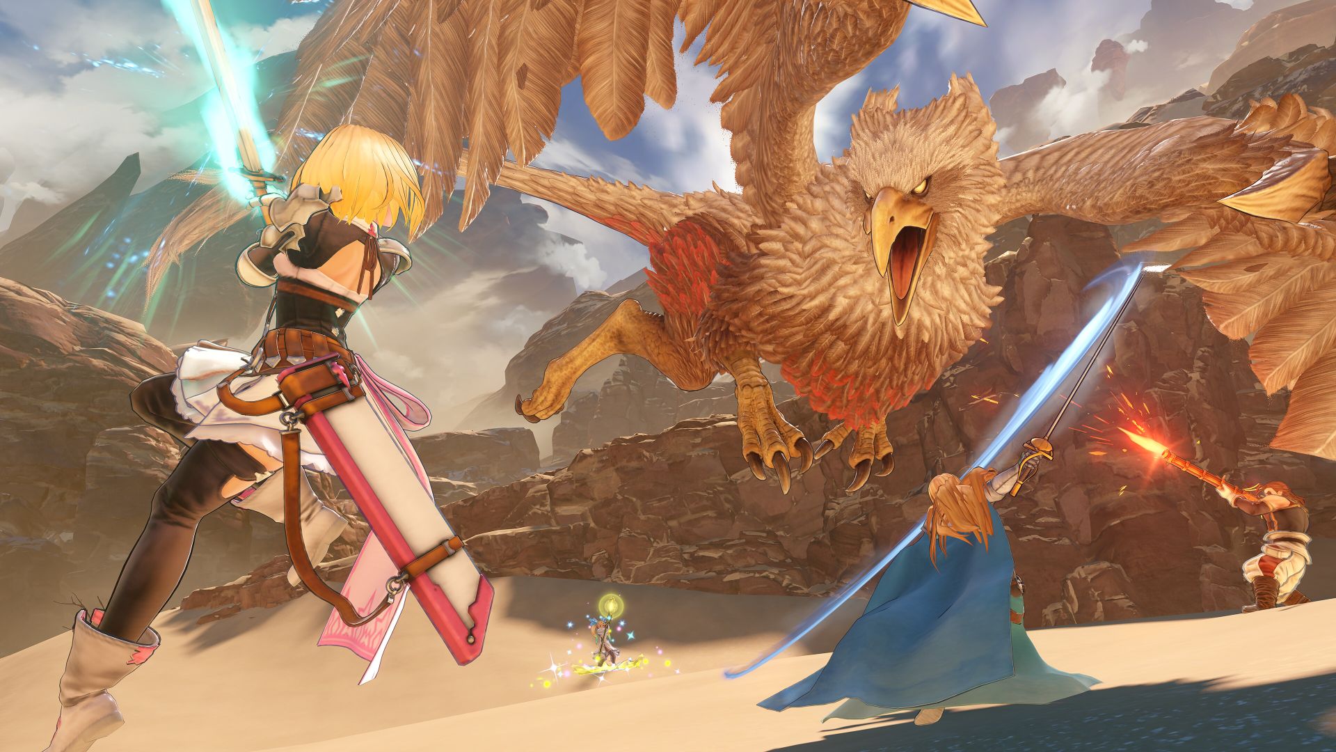 Characters fighting a griffin in Granblue Fantasy: Relink