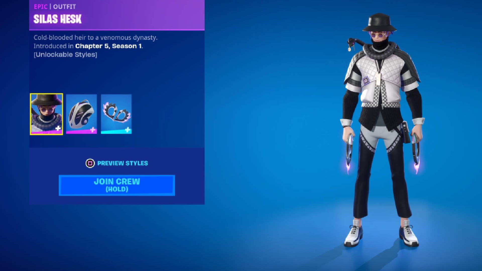 In-game Screenshot of the Chapter 5, Season 1 Fortnite Crew Skin