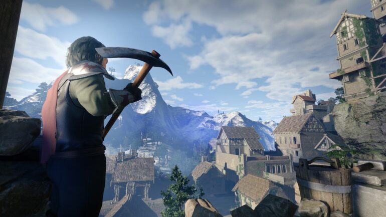 Player with a pickaxe in Enshrouded