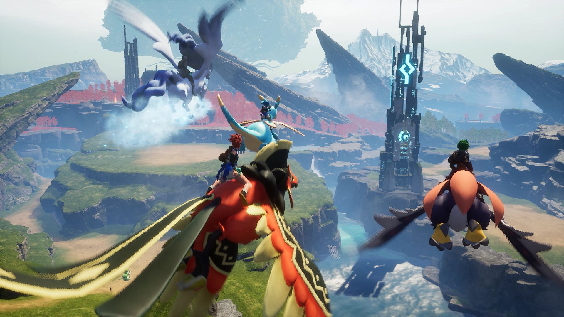 Players in Palworld flying on Pals