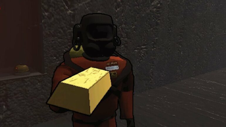 Lethal Company character holding a gold bar