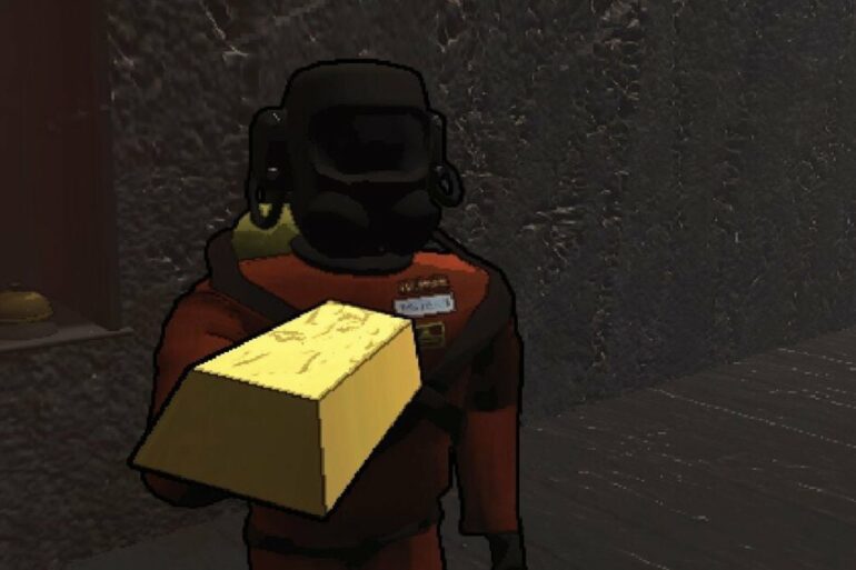 Lethal Company character holding a gold bar