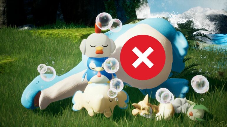 Pals sleeping in Palworld with an error sign on its belly