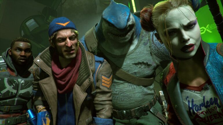 Deadshot, Harley Quinn, King Shark, and Captain Boomerang in Suicide Squad: Kill the Justice League