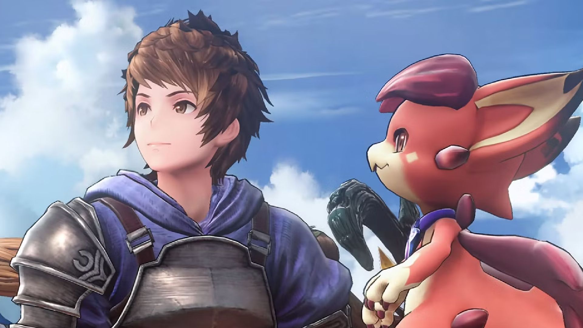 Gran and a little dragon looking into the sky in Granblue Fantasy: Relink