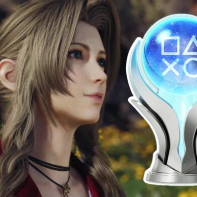 Aerith Gainsborough from Final Fantasy 7 Rebirth looking to the right at PlayStation Platinum Trophy