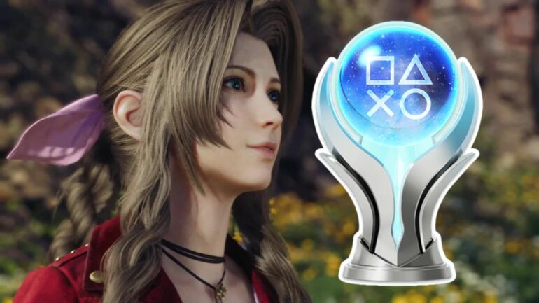 Aerith Gainsborough from Final Fantasy 7 Rebirth looking to the right at PlayStation Platinum Trophy