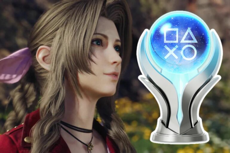 Aerith Gainsborough from Final Fantasy 7 Rebirth looking to the right at PlayStation Platinum Trophy