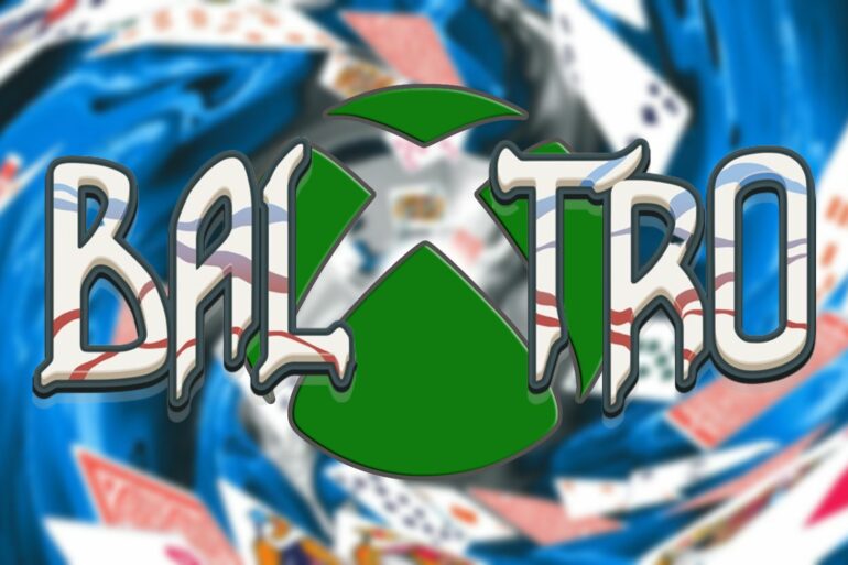 Balatro logo with the xbox logo behind it
