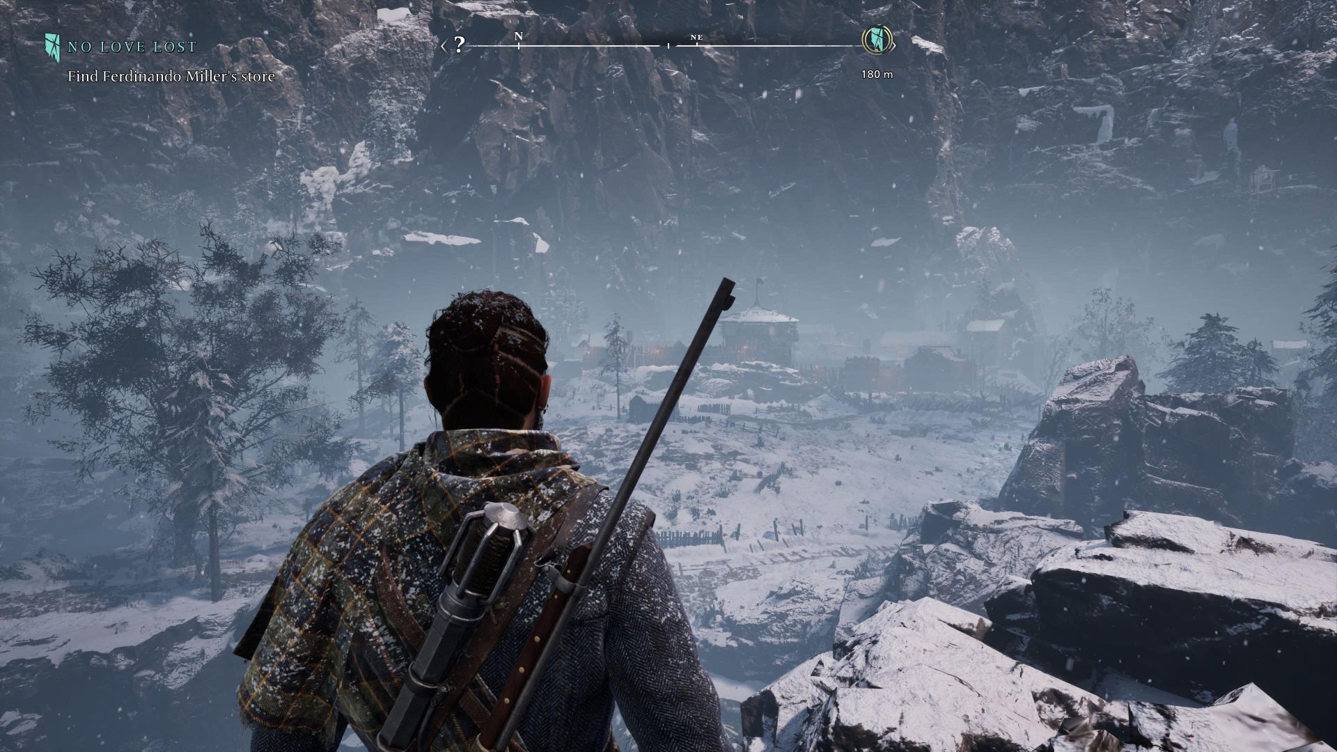 Red overlooking a fort in the snow in Banishers: Ghosts of New Eden