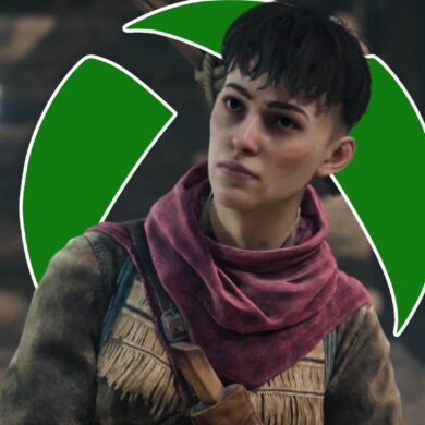 Seeker in Banishers: Ghosts of New Eden with the Xbox logo behind her