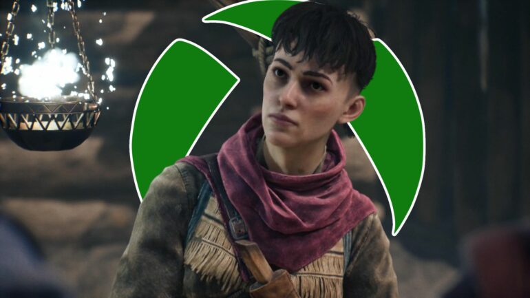 Seeker in Banishers: Ghosts of New Eden with the Xbox logo behind her