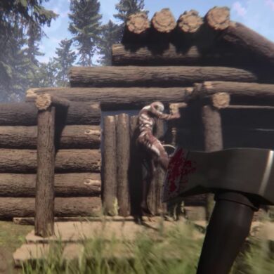 Cannibal trying to break down door in Sons of the Forest