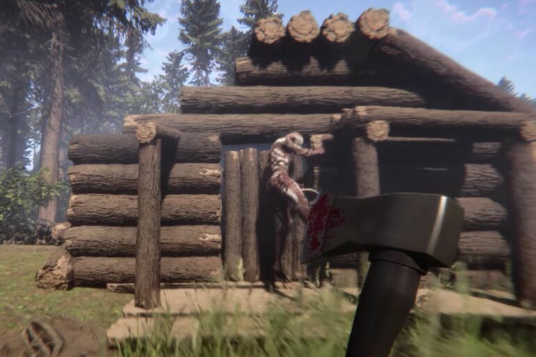 Cannibal trying to break down door in Sons of the Forest