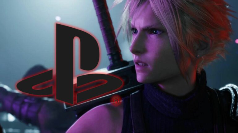 Cloud looking at PS4 logo in Final Fantasy Rebirth