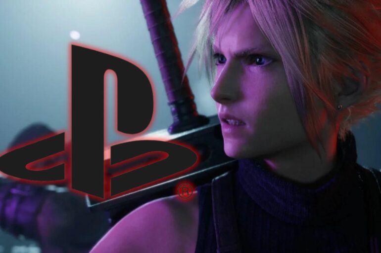 Cloud looking at PS4 logo in Final Fantasy Rebirth