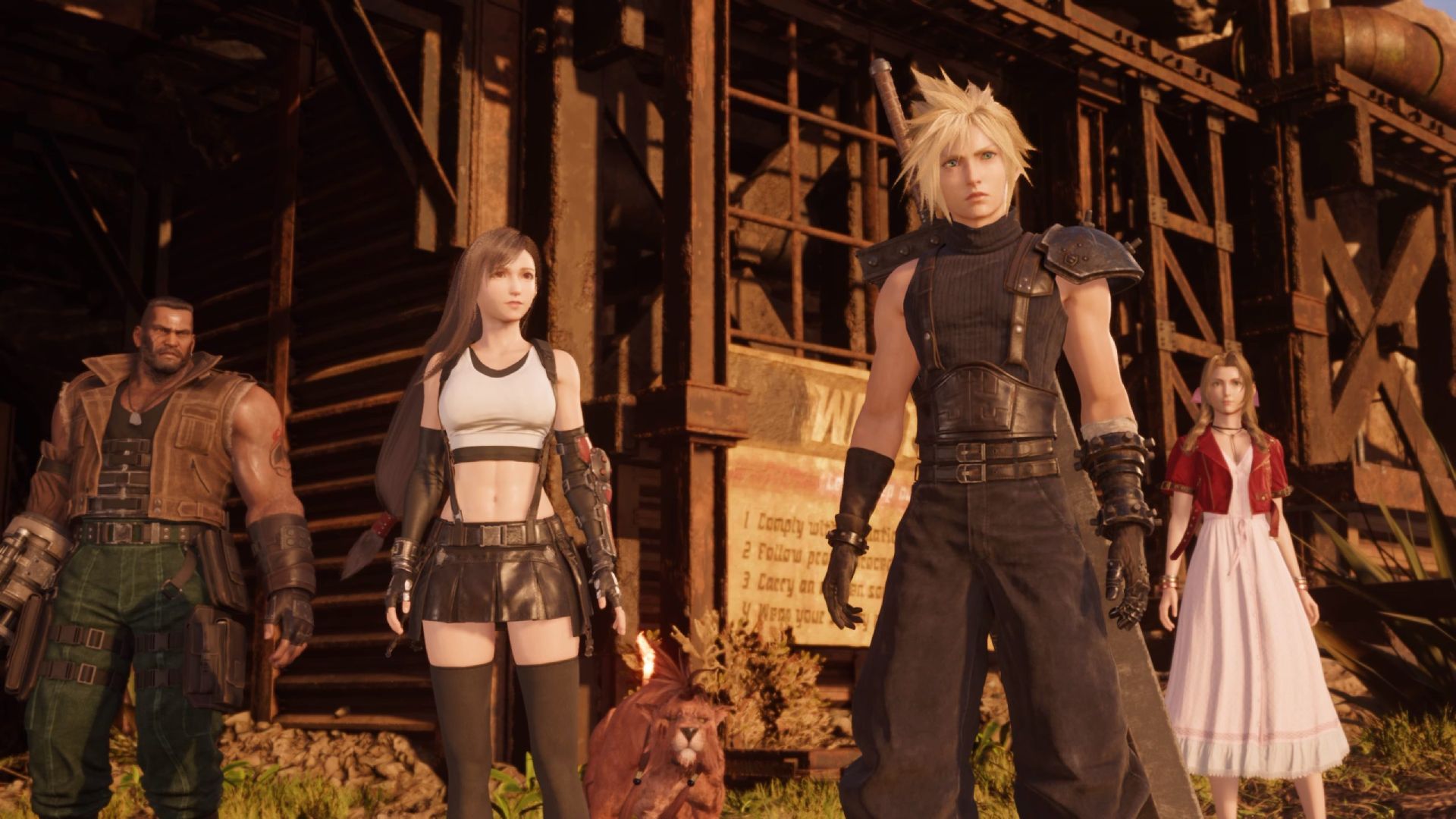 Cloud, Barret, Aerith, and Tifa standing in Final Fantasy 7 Rebirth