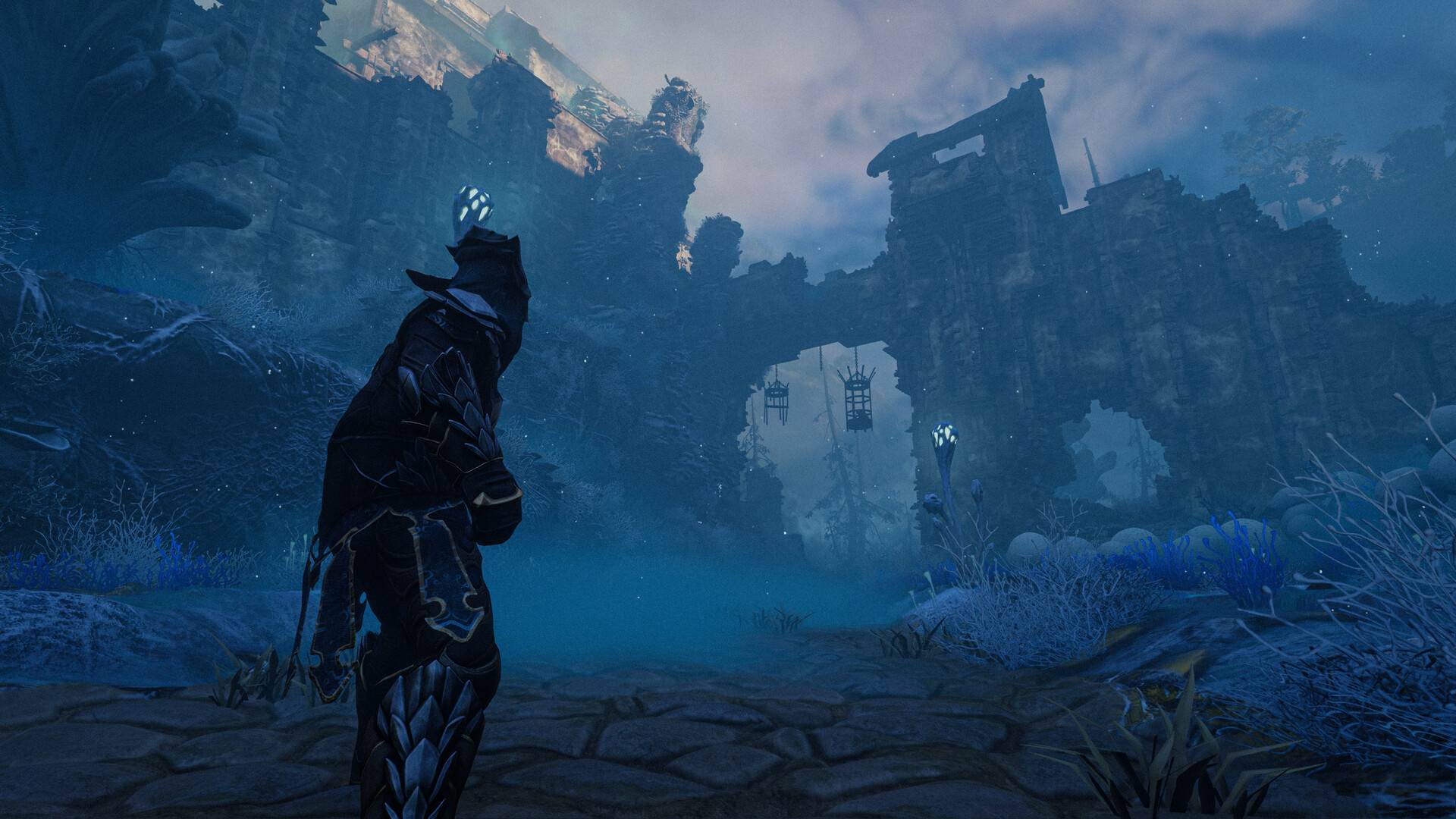 Enshrouded screenshot in game of a broken castle with road and surroundings