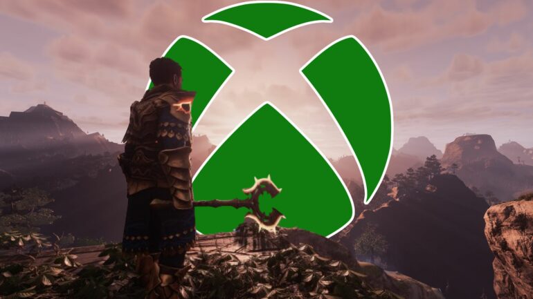 Player looking at the Xbox logo in Enshrouded