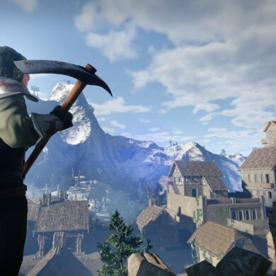 Player with a pickaxe in Enshrouded