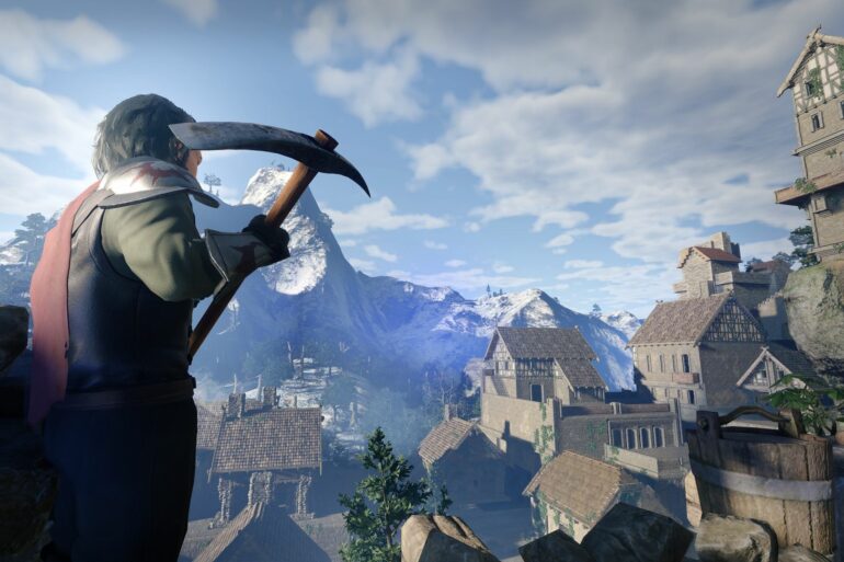 Player with a pickaxe in Enshrouded