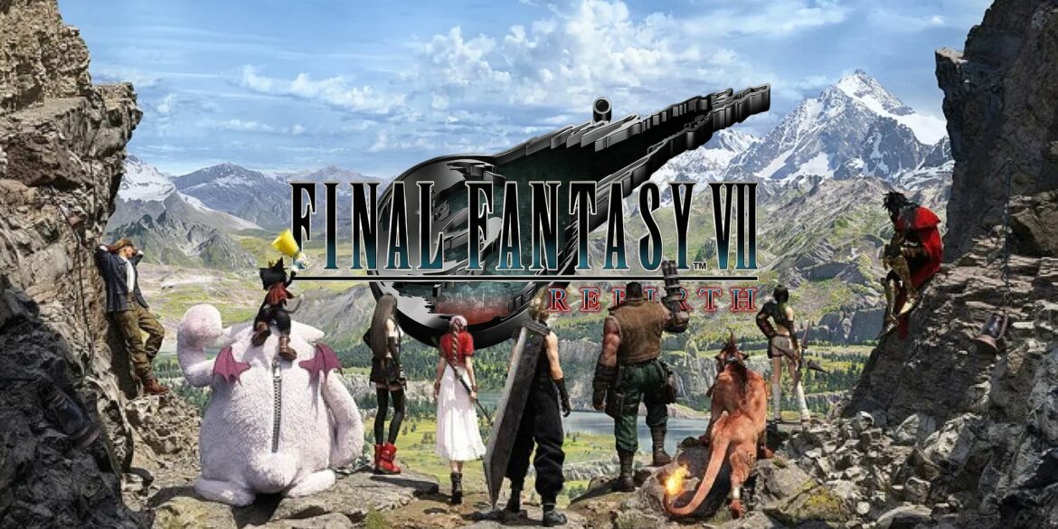 Cast of Final Fantasy 7 Rebirth with the logo in front of them