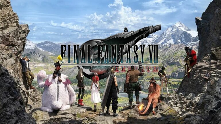 Cast of Final Fantasy 7 Rebirth with the logo in front of them