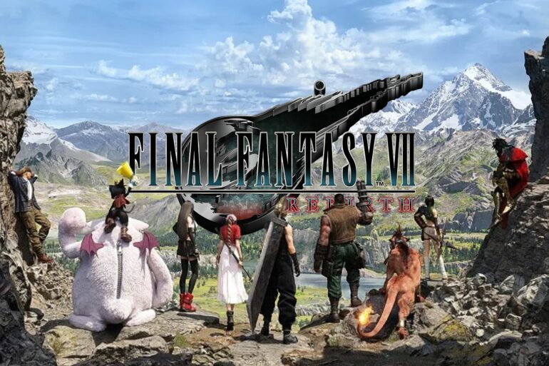 Cast of Final Fantasy 7 Rebirth with the logo in front of them