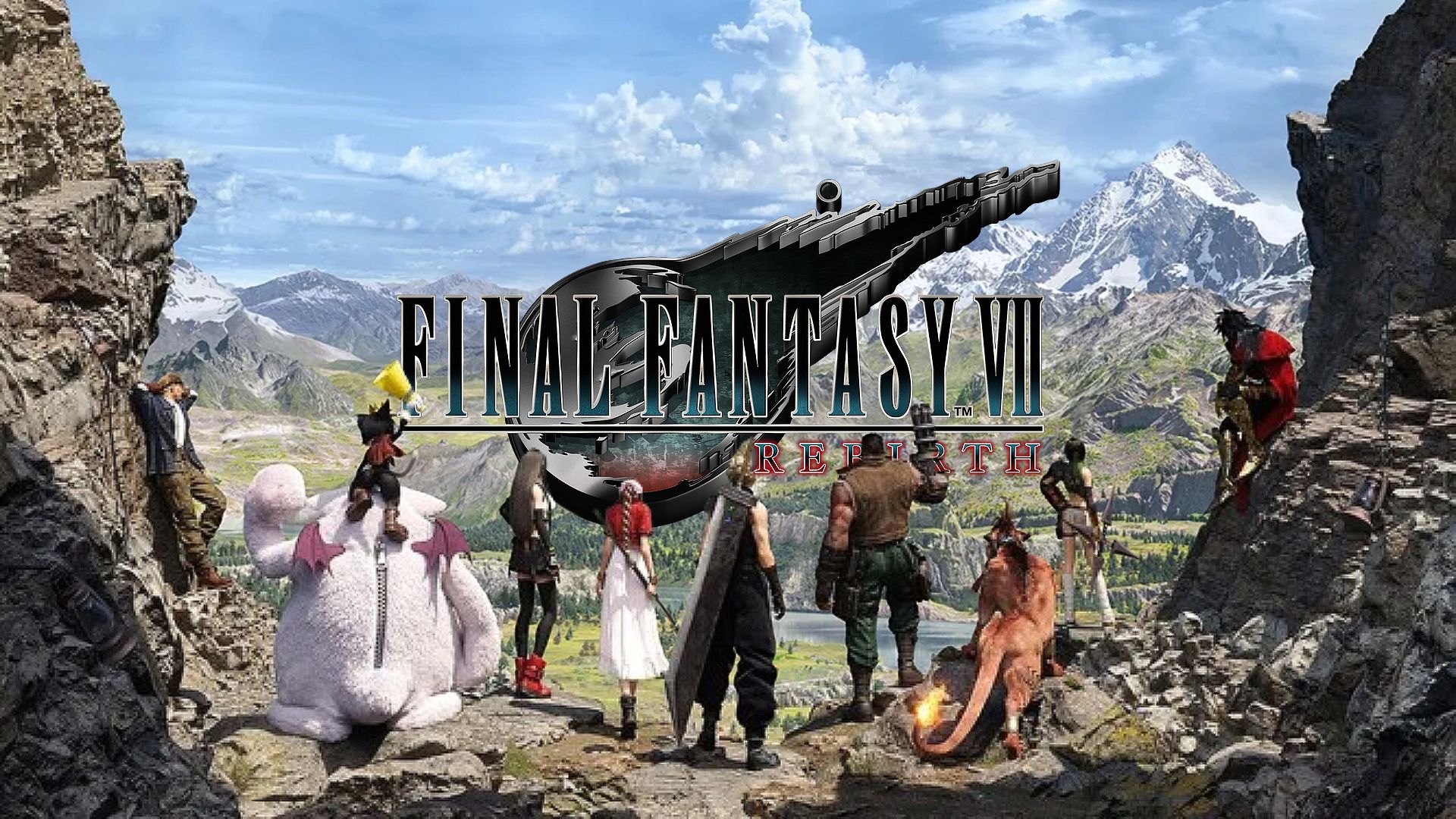 Cast of Final Fantasy 7 Rebirth with the logo in front of them