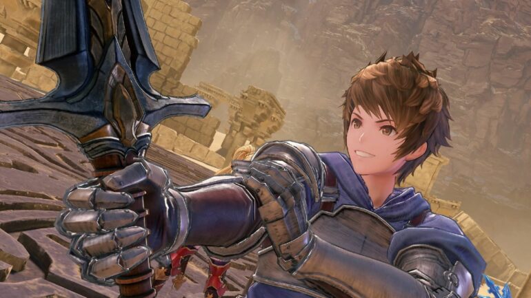 Gran holding a sword in Granblue Fantasy Relink