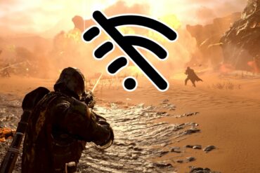 Helldiver aiming at no wifi icon in front of explosion in Helldivers 2