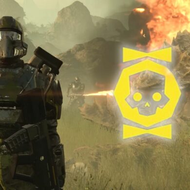 Helldiver doing fist emote to camera next to Medal icon in front of another player using a flamethrower against a charger in Helldivers 2