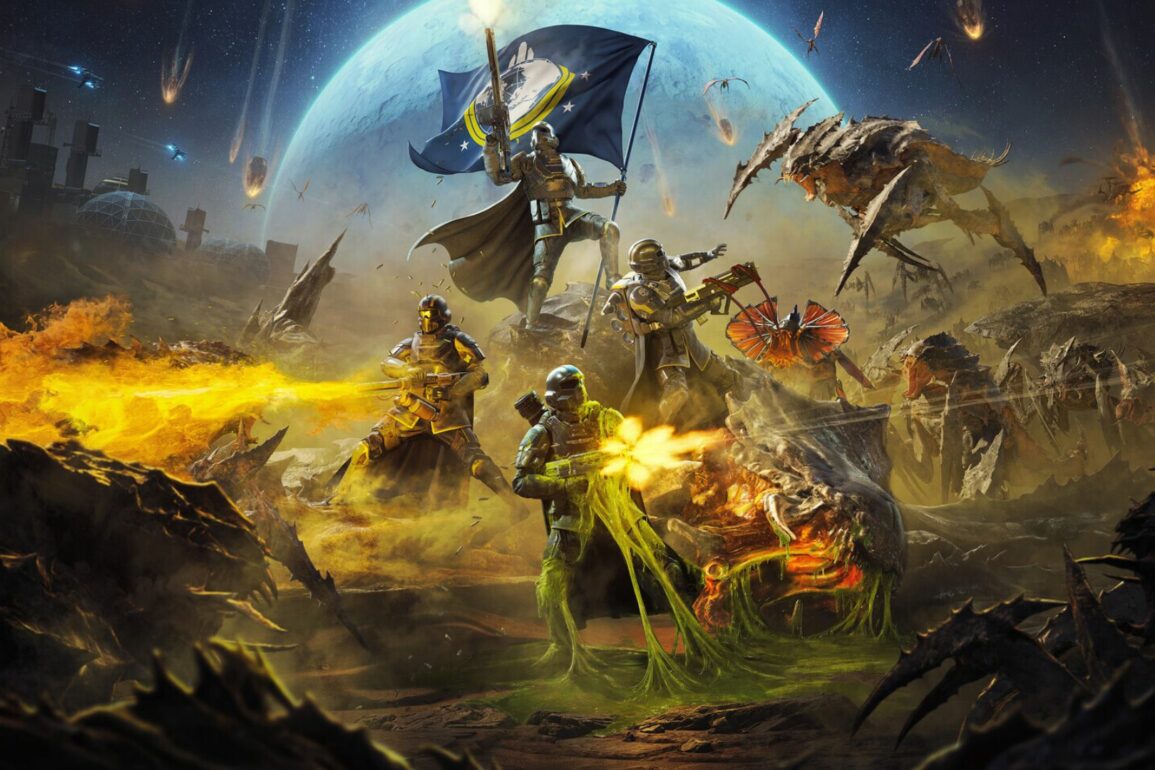 Helldivers 2 key art of four Helldivers fighting back Terminids