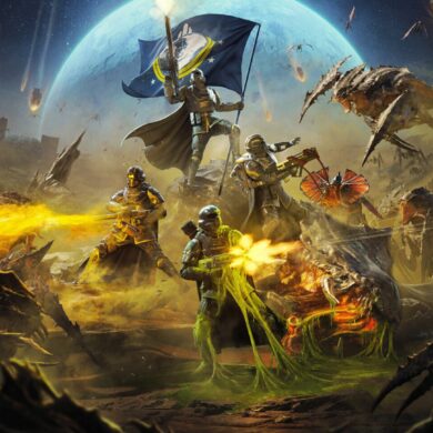 Helldivers 2 key art of four Helldivers fighting back Terminids