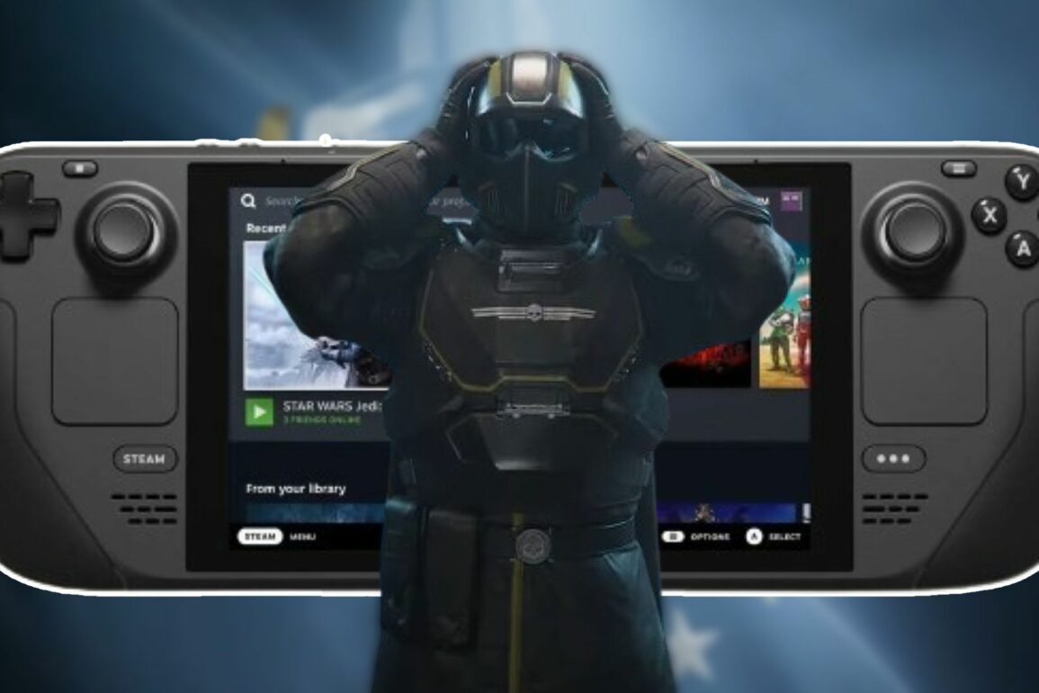 Helldivers soldier in front of a Steam Deck
