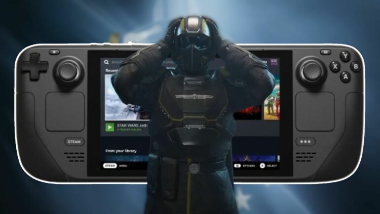 Helldivers soldier in front of a Steam Deck