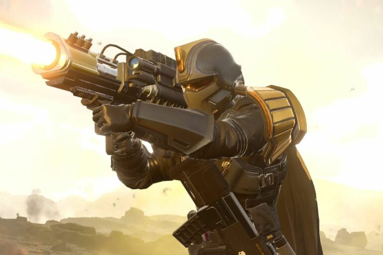 Helldivers 2 player shooting a laser canon