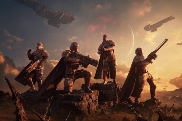 Helldivers 2 soldiers standing on a cliff