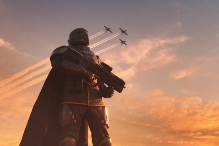 Helldivers 2 soldier with planes flying overhead