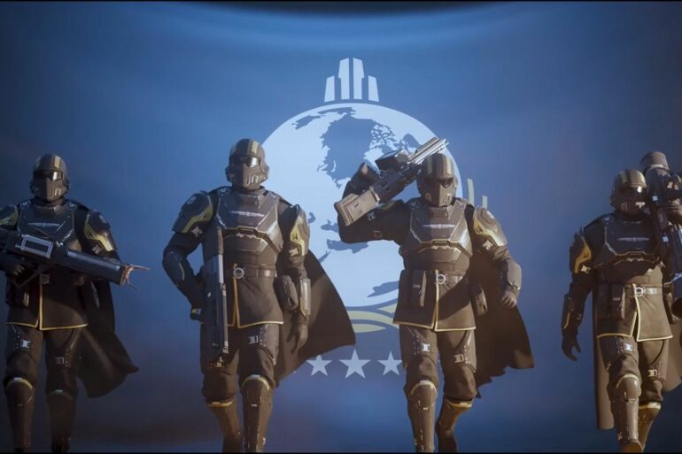 Soldiers carrying different weapons in Helldivers 2