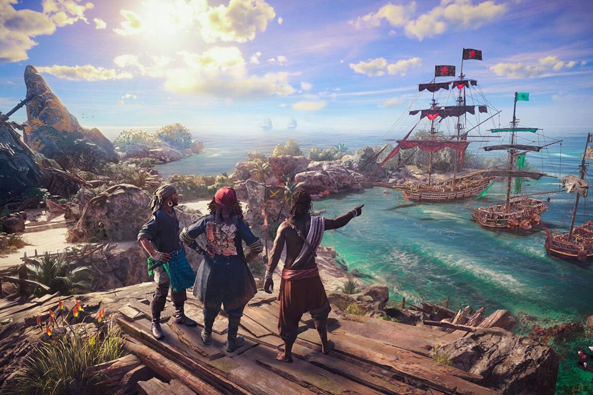 Players pointing at a distant ship in Skull and Bones