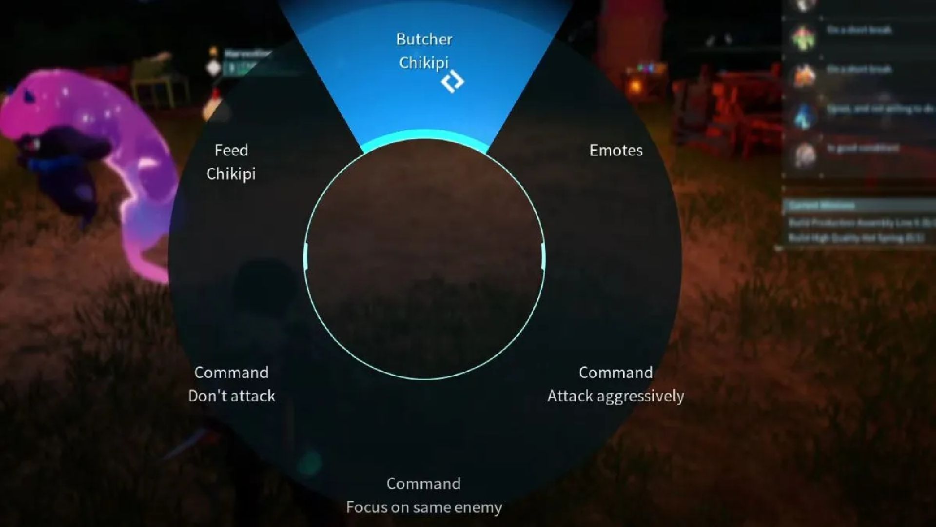 Palworld command wheel showing the option to butcher