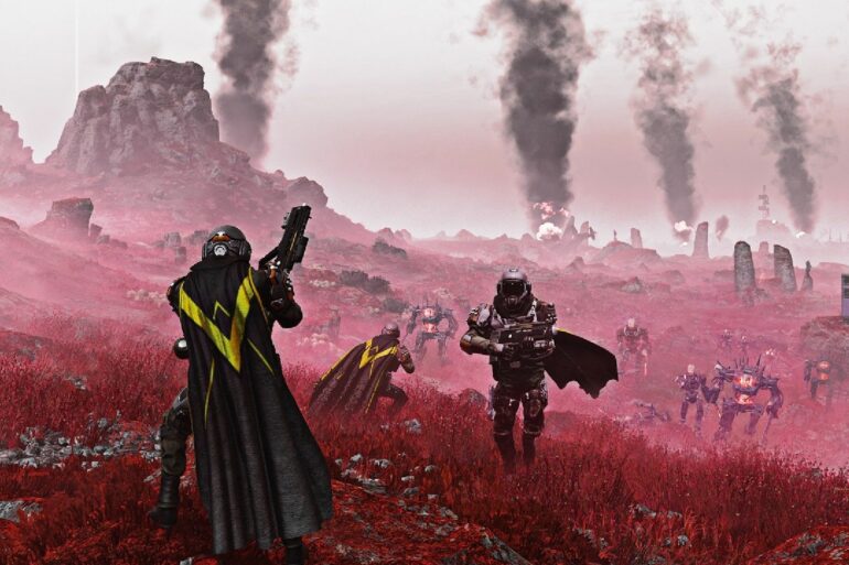 Helldivers 2 players shooting automatons