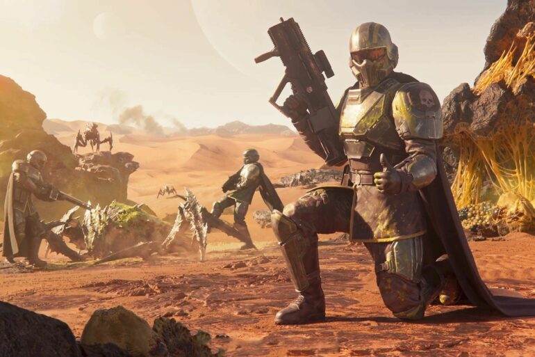 Soldiers killing a Charger in Helldivers 2