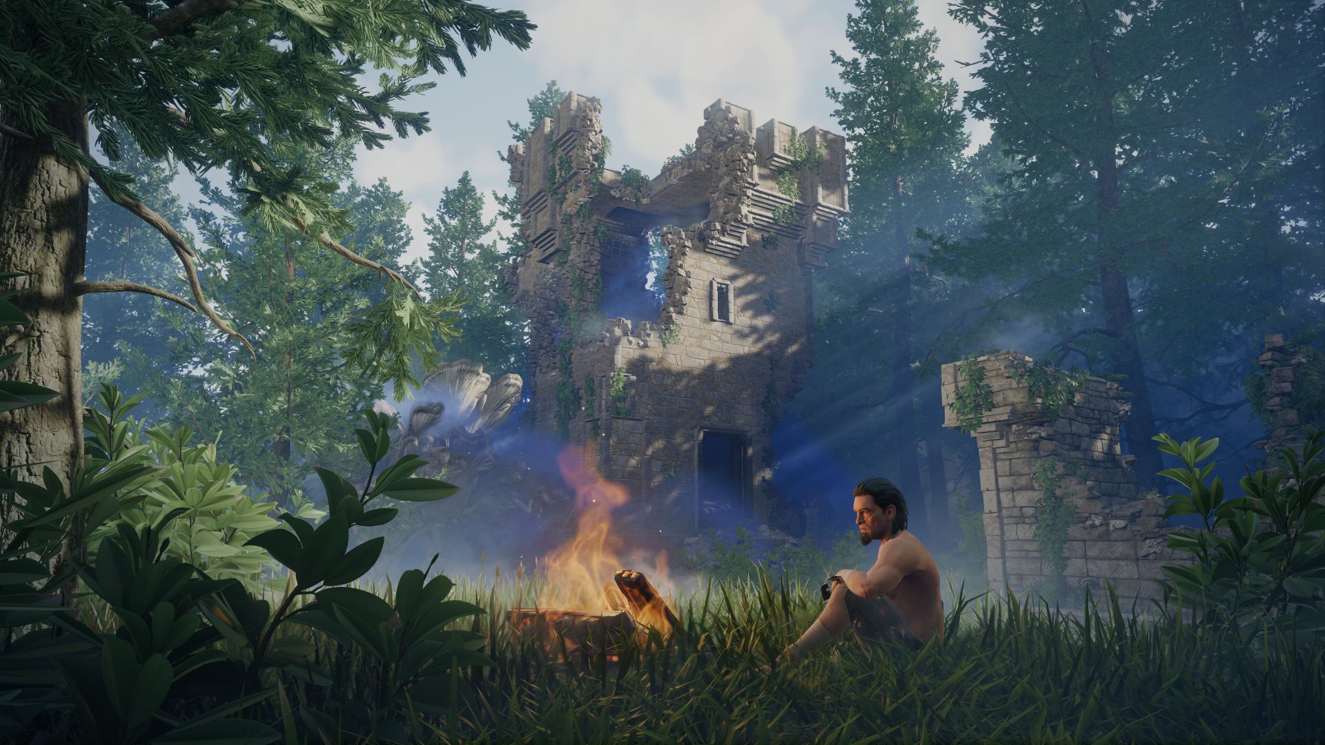 Player sitting by a campfire in Enshrouded