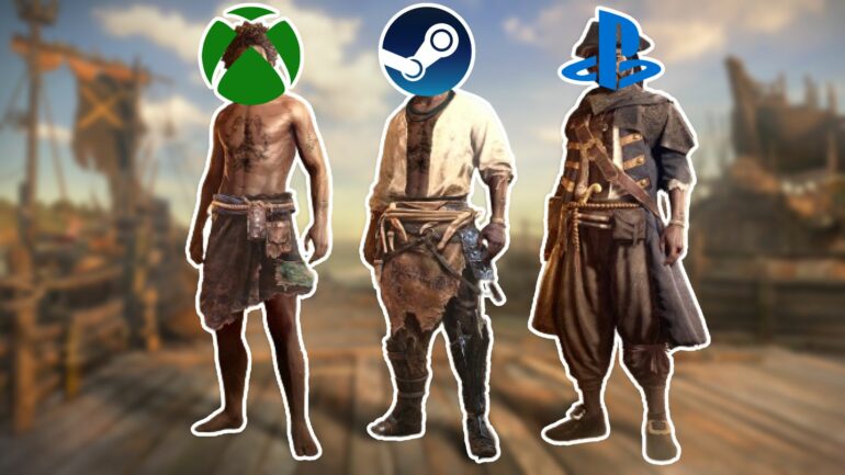 3 characters in Skull and Bones with the Xbox, Steam and PlayStation logo on them