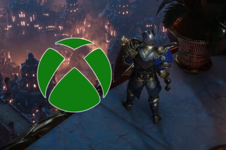 Last Epoch character looking out at cityscape standing next to Xbox logo
