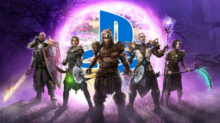 Last Epoch characters standing next a portal with the PlayStation logo on it