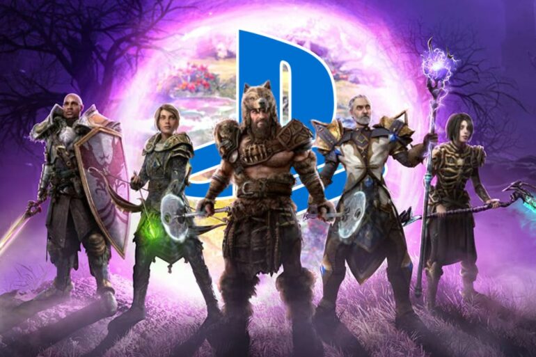 Last Epoch characters standing next a portal with the PlayStation logo on it