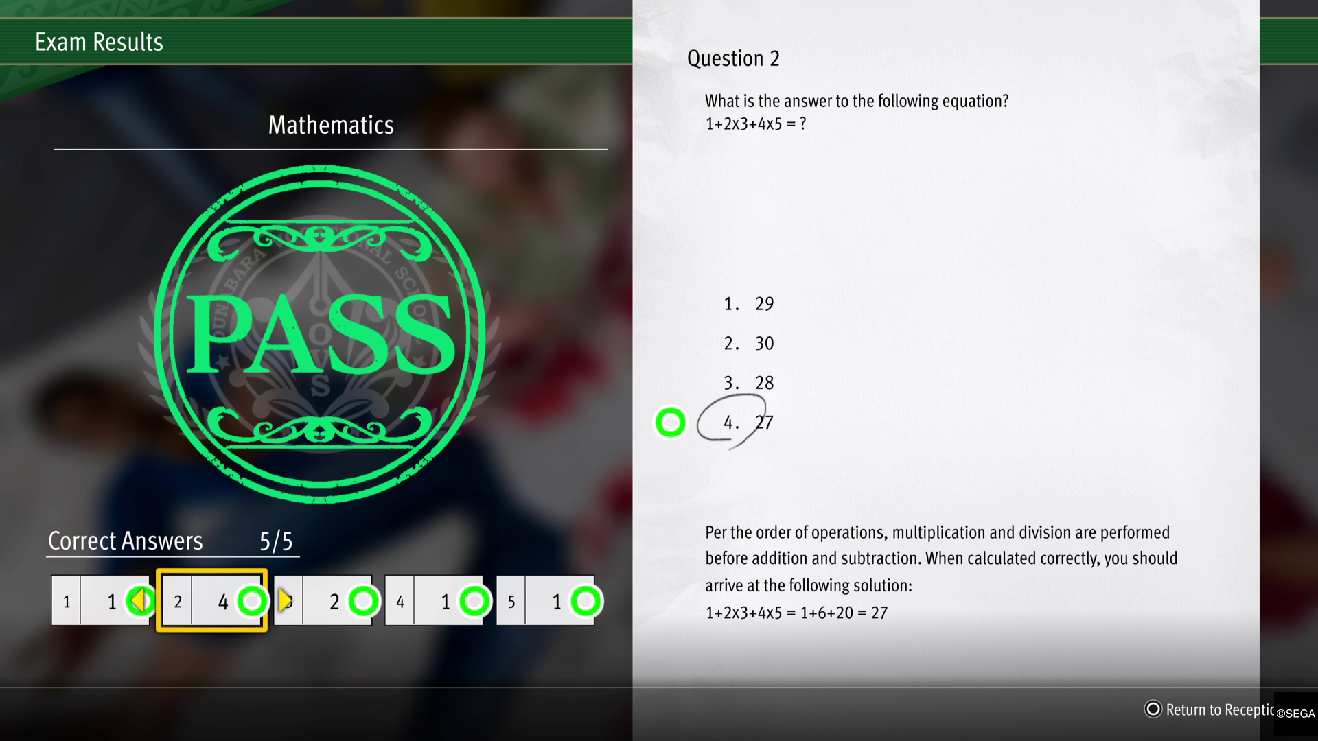 Mathematics Exam at the Ounabara Vocational School in Like a Dragon: Infinite Wealth